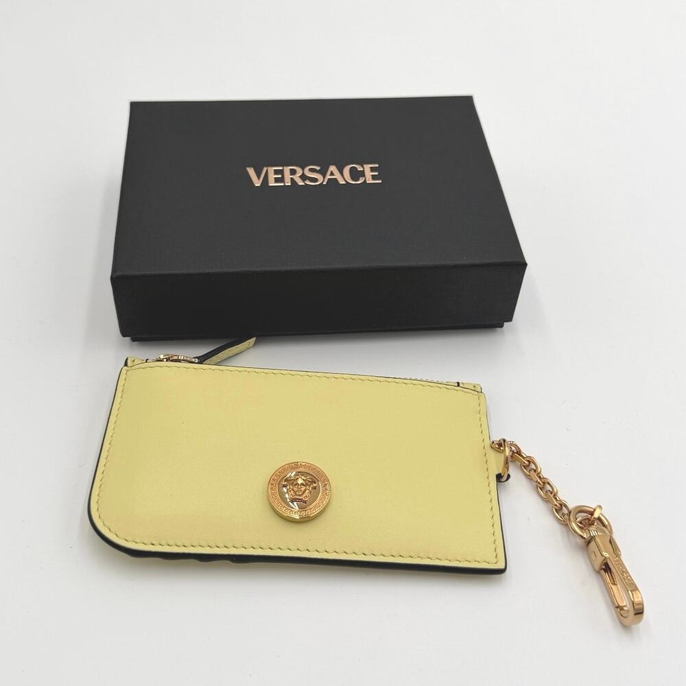 Versace Tag Leather Card Holder in a yellow shade